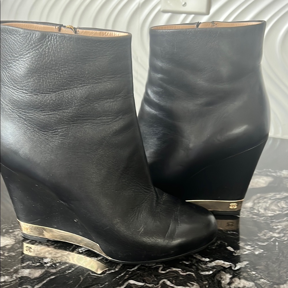 Black Leather Wedge Ankle Boots